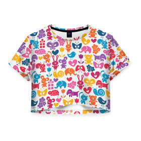Женская футболка 3D укороченная с принтом Веселый зоопарк в Петрозаводске, 100% полиэстер | круглая горловина, длина футболки до линии талии, рукава с отворотами | бабочка | заяц | кролик | слон | цветы | черепаxа