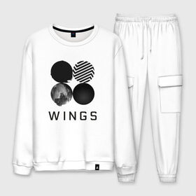 Мужской костюм хлопок с принтом BTS wings в Петрозаводске, 100% хлопок | на свитшоте круглая горловина, мягкая резинка по низу. Брюки заужены к низу, на них два вида карманов: два “обычных” по бокам и два объемных, с клапанами, расположенные ниже линии бедра. Брюки с мягкой трикотажной резинкой на поясе и по низу штанин. В поясе для дополнительного комфорта — широкие завязки | bangtan boys | bts | bts army | бантаны бтс