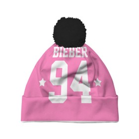 Шапка 3D c помпоном с принтом Bieber Team Pink в Петрозаводске, 100% полиэстер | универсальный размер, печать по всей поверхности изделия | bieber | justin bieber | бибер | джастин бибер