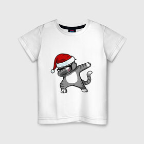 Детская футболка хлопок с принтом DAB Cat Santa в Петрозаводске, 100% хлопок | круглый вырез горловины, полуприлегающий силуэт, длина до линии бедер | даб | кот | новогодний | рождество | шапка