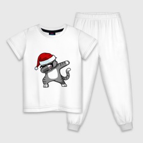 Детская пижама хлопок с принтом DAB Cat Santa в Петрозаводске, 100% хлопок |  брюки и футболка прямого кроя, без карманов, на брюках мягкая резинка на поясе и по низу штанин
 | даб | кот | новогодний | рождество | шапка