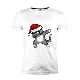 Мужская футболка премиум с принтом DAB Cat Santa в Петрозаводске, 92% хлопок, 8% лайкра | приталенный силуэт, круглый вырез ворота, длина до линии бедра, короткий рукав | даб | кот | новогодний | рождество | шапка