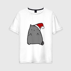 Женская футболка хлопок Oversize с принтом New Year Cat в Петрозаводске, 100% хлопок | свободный крой, круглый ворот, спущенный рукав, длина до линии бедер
 | кот | новогодний | рождество | шапка
