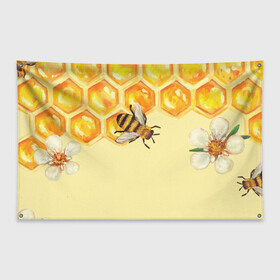 Флаг-баннер с принтом Любители меда в Петрозаводске, 100% полиэстер | размер 67 х 109 см, плотность ткани — 95 г/м2; по краям флага есть четыре люверса для крепления | крылья | мед | насекомое | полет | природа | пчелы | улей | цветное | яркое