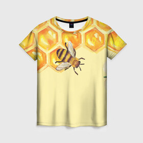 Женская футболка 3D с принтом Любители меда в Петрозаводске, 100% полиэфир ( синтетическое хлопкоподобное полотно) | прямой крой, круглый вырез горловины, длина до линии бедер | крылья | мед | насекомое | полет | природа | пчелы | улей | цветное | яркое