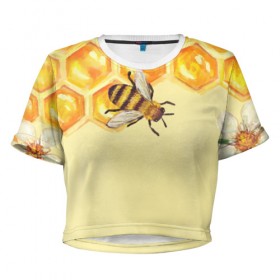 Женская футболка 3D укороченная с принтом Любители меда в Петрозаводске, 100% полиэстер | круглая горловина, длина футболки до линии талии, рукава с отворотами | крылья | мед | насекомое | полет | природа | пчелы | улей | цветное | яркое