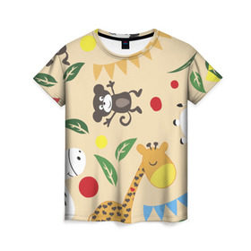 Женская футболка 3D с принтом Веселый зоопарк в Петрозаводске, 100% полиэфир ( синтетическое хлопкоподобное полотно) | прямой крой, круглый вырез горловины, длина до линии бедер | Тематика изображения на принте: жираф | лошадь | мартышка | пони