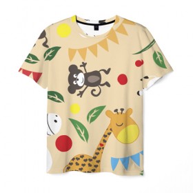 Мужская футболка 3D с принтом Веселый зоопарк в Петрозаводске, 100% полиэфир | прямой крой, круглый вырез горловины, длина до линии бедер | жираф | лошадь | мартышка | пони