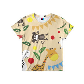 Детская футболка 3D с принтом Веселый зоопарк в Петрозаводске, 100% гипоаллергенный полиэфир | прямой крой, круглый вырез горловины, длина до линии бедер, чуть спущенное плечо, ткань немного тянется | жираф | лошадь | мартышка | пони