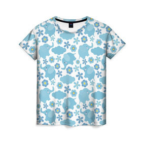 Женская футболка 3D с принтом Слоники в Петрозаводске, 100% полиэфир ( синтетическое хлопкоподобное полотно) | прямой крой, круглый вырез горловины, длина до линии бедер | синий | слон