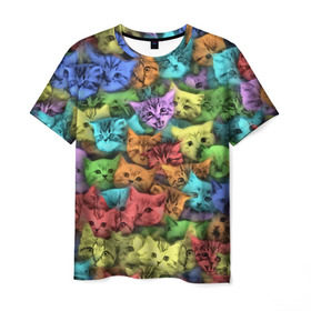 Мужская футболка 3D с принтом Разноцветные коты в Петрозаводске, 100% полиэфир | прямой крой, круглый вырез горловины, длина до линии бедер | Тематика изображения на принте: котенок | котик | котята | кошка | кошки | паттерн