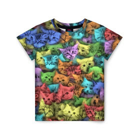 Детская футболка 3D с принтом Разноцветные коты в Петрозаводске, 100% гипоаллергенный полиэфир | прямой крой, круглый вырез горловины, длина до линии бедер, чуть спущенное плечо, ткань немного тянется | котенок | котик | котята | кошка | кошки | паттерн