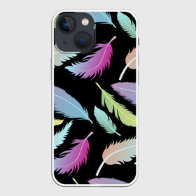 Чехол для iPhone 13 mini с принтом Радужные перья в Петрозаводске,  |  | Тематика изображения на принте: арт | белый | мульт | новинки | прикольный | птица | рисунок | сова | филин | черный