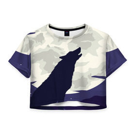 Женская футболка 3D укороченная с принтом Ночной житель в Петрозаводске, 100% полиэстер | круглая горловина, длина футболки до линии талии, рукава с отворотами | волк | дикая | дикий | животное | лес | луна | ночь | собака | тьма