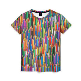 Женская футболка 3D с принтом Разноцветные карандаши в Петрозаводске, 100% полиэфир ( синтетическое хлопкоподобное полотно) | прямой крой, круглый вырез горловины, длина до линии бедер | дизайнер | карандаш | палитра | паттерн | радуга | рисование | рисунок | художник | цвет | цветной | школа