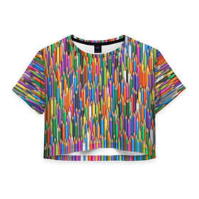 Женская футболка 3D укороченная с принтом Разноцветные карандаши в Петрозаводске, 100% полиэстер | круглая горловина, длина футболки до линии талии, рукава с отворотами | дизайнер | карандаш | палитра | паттерн | радуга | рисование | рисунок | художник | цвет | цветной | школа