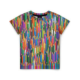 Детская футболка 3D с принтом Разноцветные карандаши в Петрозаводске, 100% гипоаллергенный полиэфир | прямой крой, круглый вырез горловины, длина до линии бедер, чуть спущенное плечо, ткань немного тянется | дизайнер | карандаш | палитра | паттерн | радуга | рисование | рисунок | художник | цвет | цветной | школа