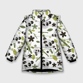 Зимняя куртка для девочек 3D с принтом Чудные панды в Петрозаводске, ткань верха — 100% полиэстер; подклад — 100% полиэстер, утеплитель — 100% полиэстер. | длина ниже бедра, удлиненная спинка, воротник стойка и отстегивающийся капюшон. Есть боковые карманы с листочкой на кнопках, утяжки по низу изделия и внутренний карман на молнии. 

Предусмотрены светоотражающий принт на спинке, радужный светоотражающий элемент на пуллере молнии и на резинке для утяжки. | бамбук | белый | зверь | медведь | милые  | панда | черный