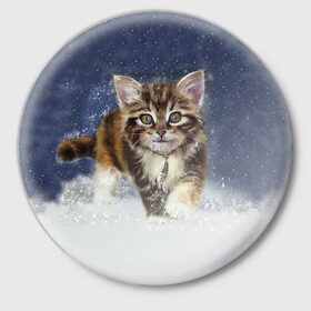 Значок с принтом Зимний котик в Петрозаводске,  металл | круглая форма, металлическая застежка в виде булавки | Тематика изображения на принте: зима | кот | котенок | кошка | новый год | снег | снежинка | снежок