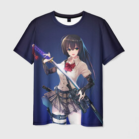 Мужская футболка 3D с принтом Anime girl в Петрозаводске, 100% полиэфир | прямой крой, круглый вырез горловины, длина до линии бедер | anime | girl | japan | katana | samurai | sword | аниме | девушка | катана | меч | оружие | самурай | япония