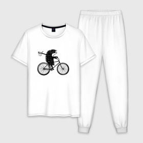 Мужская пижама хлопок с принтом Ежик на велосипеде в Петрозаводске, 100% хлопок | брюки и футболка прямого кроя, без карманов, на брюках мягкая резинка на поясе и по низу штанин
 | велосипед | ежик