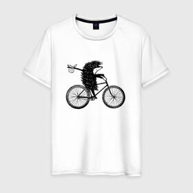 Мужская футболка хлопок с принтом Ежик на велосипеде в Петрозаводске, 100% хлопок | прямой крой, круглый вырез горловины, длина до линии бедер, слегка спущенное плечо. | велосипед | ежик