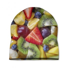 Шапка 3D с принтом Фруктовое ассорти в Петрозаводске, 100% полиэстер | универсальный размер, печать по всей поверхности изделия | витамины | еда | клубника | лимон | малина | овощи | фрукты | цвета | яблоко | яркие