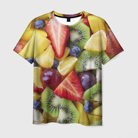Мужская футболка 3D с принтом Фруктовое ассорти в Петрозаводске, 100% полиэфир | прямой крой, круглый вырез горловины, длина до линии бедер | витамины | еда | клубника | лимон | малина | овощи | фрукты | цвета | яблоко | яркие