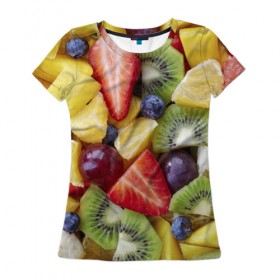 Женская футболка 3D с принтом Фруктовое ассорти в Петрозаводске, 100% полиэфир ( синтетическое хлопкоподобное полотно) | прямой крой, круглый вырез горловины, длина до линии бедер | витамины | еда | клубника | лимон | малина | овощи | фрукты | цвета | яблоко | яркие