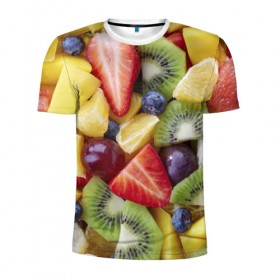Мужская футболка 3D спортивная с принтом Фруктовое ассорти в Петрозаводске, 100% полиэстер с улучшенными характеристиками | приталенный силуэт, круглая горловина, широкие плечи, сужается к линии бедра | витамины | еда | клубника | лимон | малина | овощи | фрукты | цвета | яблоко | яркие