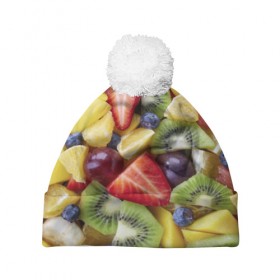 Шапка 3D c помпоном с принтом Фруктовое ассорти в Петрозаводске, 100% полиэстер | универсальный размер, печать по всей поверхности изделия | витамины | еда | клубника | лимон | малина | овощи | фрукты | цвета | яблоко | яркие