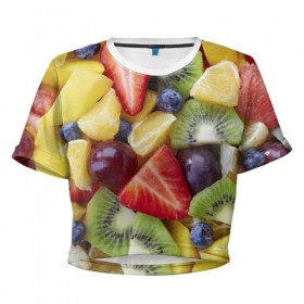 Женская футболка 3D укороченная с принтом Фруктовое ассорти в Петрозаводске, 100% полиэстер | круглая горловина, длина футболки до линии талии, рукава с отворотами | витамины | еда | клубника | лимон | малина | овощи | фрукты | цвета | яблоко | яркие