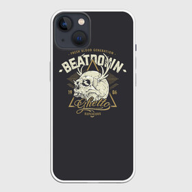 Чехол для iPhone 13 с принтом Beatdown Ghetto 1986 в Петрозаводске,  |  | bones | gothic | grunge | horns | lightning | rock and roll | skeleton | skull | tattoo | готика | гранж | кости | молнии | рога | рок н ролл | скелет | тату | череп