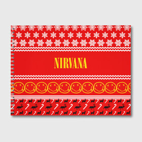 Альбом для рисования с принтом Праздничный Nirvana в Петрозаводске, 100% бумага
 | матовая бумага, плотность 200 мг. | cobain | kurt | nirvana | альтернативный | гранж | группа | дональд | знак | кобейн | красный | курт | музыка | музыкант | надпись | нервана | нирвана | новогодний | новоселич | новый год | певец | праздник