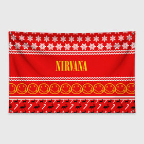 Флаг-баннер с принтом Праздничный Nirvana в Петрозаводске, 100% полиэстер | размер 67 х 109 см, плотность ткани — 95 г/м2; по краям флага есть четыре люверса для крепления | cobain | kurt | nirvana | альтернативный | гранж | группа | дональд | знак | кобейн | красный | курт | музыка | музыкант | надпись | нервана | нирвана | новогодний | новоселич | новый год | певец | праздник