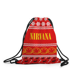 Рюкзак-мешок 3D с принтом Праздничный Nirvana в Петрозаводске, 100% полиэстер | плотность ткани — 200 г/м2, размер — 35 х 45 см; лямки — толстые шнурки, застежка на шнуровке, без карманов и подкладки | Тематика изображения на принте: cobain | kurt | nirvana | альтернативный | гранж | группа | дональд | знак | кобейн | красный | курт | музыка | музыкант | надпись | нервана | нирвана | новогодний | новоселич | новый год | певец | праздник