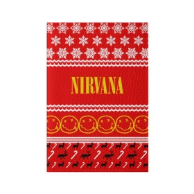 Обложка для паспорта матовая кожа с принтом Праздничный Nirvana в Петрозаводске, натуральная матовая кожа | размер 19,3 х 13,7 см; прозрачные пластиковые крепления | cobain | kurt | nirvana | альтернативный | гранж | группа | дональд | знак | кобейн | красный | курт | музыка | музыкант | надпись | нервана | нирвана | новогодний | новоселич | новый год | певец | праздник