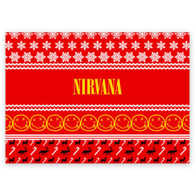 Поздравительная открытка с принтом Праздничный Nirvana в Петрозаводске, 100% бумага | плотность бумаги 280 г/м2, матовая, на обратной стороне линовка и место для марки
 | cobain | kurt | nirvana | альтернативный | гранж | группа | дональд | знак | кобейн | красный | курт | музыка | музыкант | надпись | нервана | нирвана | новогодний | новоселич | новый год | певец | праздник
