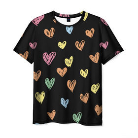 Мужская футболка 3D с принтом Разноцветные сердечки в Петрозаводске, 100% полиэфир | прямой крой, круглый вырез горловины, длина до линии бедер | 14 | love | валентин | губы | день | любовь | подарок | поцелуй | сердце | страсть | февраль