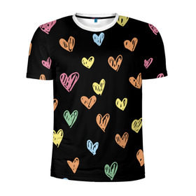 Мужская футболка 3D спортивная с принтом Разноцветные сердечки в Петрозаводске, 100% полиэстер с улучшенными характеристиками | приталенный силуэт, круглая горловина, широкие плечи, сужается к линии бедра | 14 | love | валентин | губы | день | любовь | подарок | поцелуй | сердце | страсть | февраль