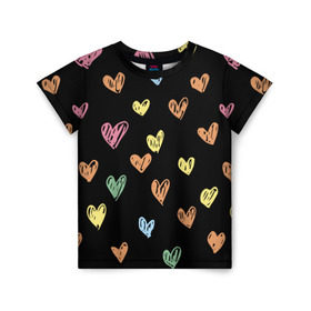 Детская футболка 3D с принтом Разноцветные сердечки в Петрозаводске, 100% гипоаллергенный полиэфир | прямой крой, круглый вырез горловины, длина до линии бедер, чуть спущенное плечо, ткань немного тянется | 14 | love | валентин | губы | день | любовь | подарок | поцелуй | сердце | страсть | февраль