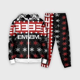 Детский костюм 3D с принтом Праздничный Eminem в Петрозаводске,  |  | hip hop | hiphop | mc | rap | брюс | еменем | еминем | зачитал | знак | красный | маршалл | мс | мэтерс | надпись | новогодний | новый год | праздник | реп | репер | речитатив | рождество | рэп | рэпер | снежинки | хип