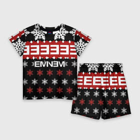 Детский костюм с шортами 3D с принтом Праздничный Eminem в Петрозаводске,  |  | hip hop | hiphop | mc | rap | брюс | еменем | еминем | зачитал | знак | красный | маршалл | мс | мэтерс | надпись | новогодний | новый год | праздник | реп | репер | речитатив | рождество | рэп | рэпер | снежинки | хип