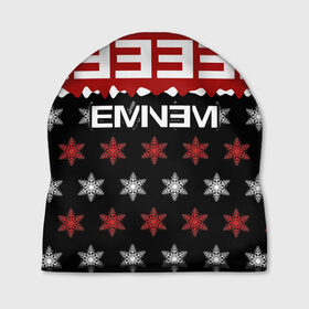 Шапка 3D с принтом Праздничный Eminem в Петрозаводске, 100% полиэстер | универсальный размер, печать по всей поверхности изделия | Тематика изображения на принте: hip hop | hiphop | mc | rap | брюс | еменем | еминем | зачитал | знак | красный | маршалл | мс | мэтерс | надпись | новогодний | новый год | праздник | реп | репер | речитатив | рождество | рэп | рэпер | снежинки | хип