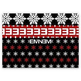 Поздравительная открытка с принтом Праздничный Eminem в Петрозаводске, 100% бумага | плотность бумаги 280 г/м2, матовая, на обратной стороне линовка и место для марки
 | Тематика изображения на принте: hip hop | hiphop | mc | rap | брюс | еменем | еминем | зачитал | знак | красный | маршалл | мс | мэтерс | надпись | новогодний | новый год | праздник | реп | репер | речитатив | рождество | рэп | рэпер | снежинки | хип