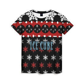 Женская футболка 3D с принтом Праздничный Ice Cube в Петрозаводске, 100% полиэфир ( синтетическое хлопкоподобное полотно) | прямой крой, круглый вырез горловины, длина до линии бедер | hip hop | hiphop | ice cube | mc | n.w.a | rap | айс | джексон | западное по | знак | красный | куб | кубе | кубик льда | кьюб | мс | надпись | новогодний | новый год | о ши | оши | праздник | реп | репер | речитатив | рождество