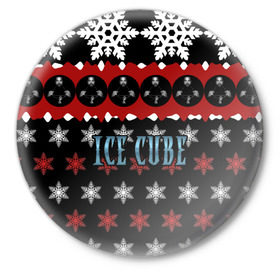 Значок с принтом Праздничный Ice Cube в Петрозаводске,  металл | круглая форма, металлическая застежка в виде булавки | Тематика изображения на принте: hip hop | hiphop | ice cube | mc | n.w.a | rap | айс | джексон | западное по | знак | красный | куб | кубе | кубик льда | кьюб | мс | надпись | новогодний | новый год | о ши | оши | праздник | реп | репер | речитатив | рождество