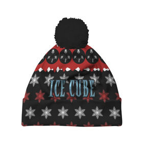Шапка 3D c помпоном с принтом Праздничный Ice Cube в Петрозаводске, 100% полиэстер | универсальный размер, печать по всей поверхности изделия | hip hop | hiphop | ice cube | mc | n.w.a | rap | айс | джексон | западное по | знак | красный | куб | кубе | кубик льда | кьюб | мс | надпись | новогодний | новый год | о ши | оши | праздник | реп | репер | речитатив | рождество