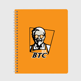 Тетрадь с принтом BITCOIN в стиле KFC в Петрозаводске, 100% бумага | 48 листов, плотность листов — 60 г/м2, плотность картонной обложки — 250 г/м2. Листы скреплены сбоку удобной пружинной спиралью. Уголки страниц и обложки скругленные. Цвет линий — светло-серый
 | Тематика изображения на принте: bitcoin | btc | crypto | kfc | биткоин | валюта | деньги | криптовалюта | цифровое золото