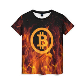 Женская футболка 3D с принтом BITCOIN FIRE в Петрозаводске, 100% полиэфир ( синтетическое хлопкоподобное полотно) | прямой крой, круглый вырез горловины, длина до линии бедер | bitcoin | btc | coin | crypto | ethereum | money | orange | биткоин | валюта | деньги | известные | криптовалюта | логотип | монета | надписи.cash | оранжевый | цвет | цифровое золото | эфир
